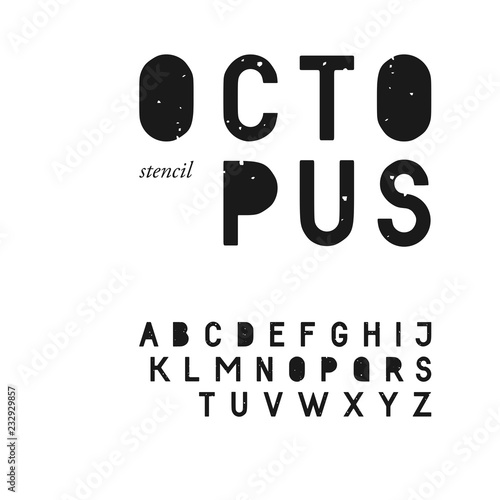 Grunge textured sans serif stencil font in uppercase. Stamp typeface