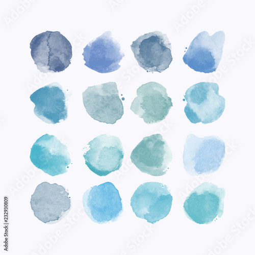 Colorful set with watercolor hand painted round shapes, stains, circles, blobs isolated on white. Elements for artistic design