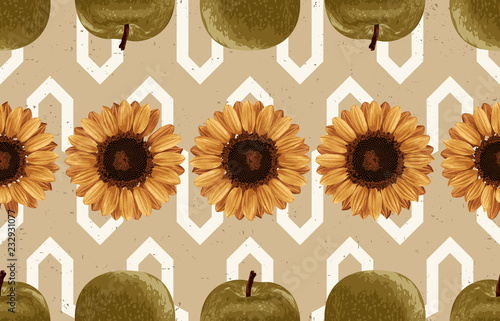 Printable seamless vintage autumn repeat pattern background with green apples and sunflowers. Botanical wallpaper, raster illustration in super High resolution.