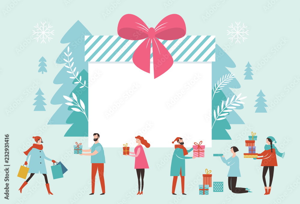 Bif gift box, Christmas banner, New Year Greeting card, small people and big gift box Bif gift box, Christmas banner, New Year Greeting card, small people and big gift box