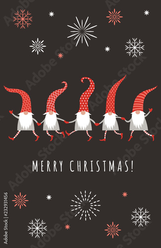 Christmas Card, Seasons greetings , cute funny  Christmas gnomes in red hats