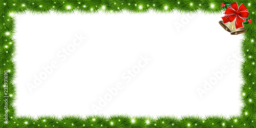 Realistic fir-tree sparkling rectangle border with red bow and bells on white