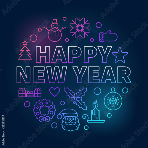 Happy New Year round colorful vector concept linear illustration
