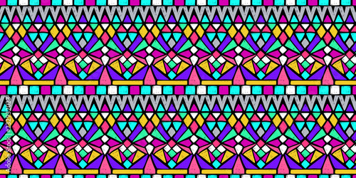 Ethnic pattern. Aztec fabric. Embroidery effect. Tribal ornament. Brazilian or Mexican print. Clothes or interior design. Boho fashion. Traditional homespun textile. Vector seamless pattern.