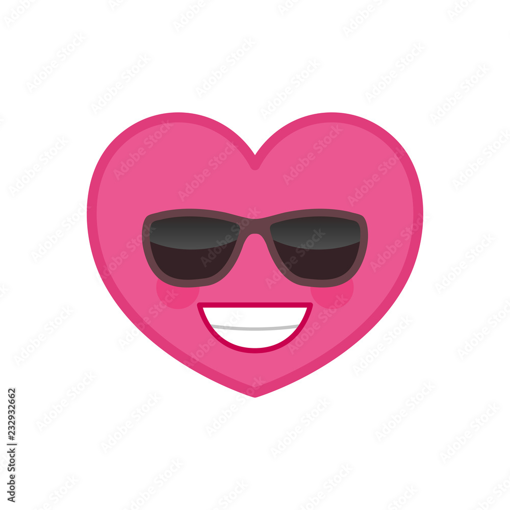 Laughing heart shaped funny emoticon icon. Satisfied pink emoji in sunglasses. Social communication and online chatting vector element. Confident face showing facial emotion. Valentine's day mascot Laughing heart shaped funny emoticon icon. Satisfied pink emoji in sunglasses. Social communication and online chatting vector element. Confident face showing facial emotion. Valentine's day mascot