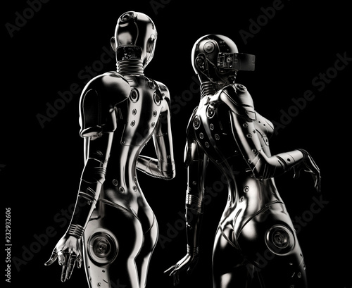 Two fashion robots on black background. photo