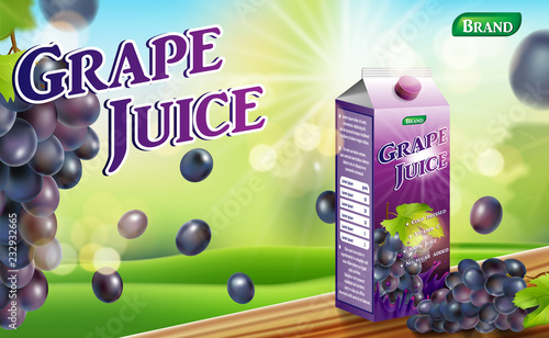 Paper carton grape juice package on wooden table. fruit juice container package ad. 3d realistic grape Vector illustration for your design