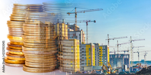 Panorama of the building in the background money . The concept of changes in housing prices .