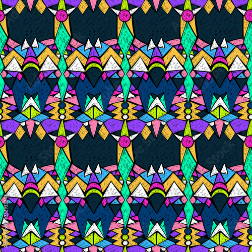 Tribal pattern. Aztec fabric. Mystical ornament. Surreal symbols print. Clothes or interior design. Boho fashion. Traditional homespun textile. Vector seamless pattern.