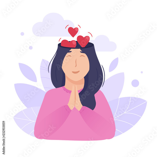 Inside woman’s head concept. Peaceful and loving mind. Hearts going out of brain as metaphor of love and happiness. Vector illustration isolated on white
