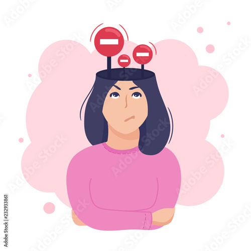 Inside woman’s head concept. Mind restrictions and internal boundaries. Stop signs illustrating control and limitations. Vector illustration isolated on white