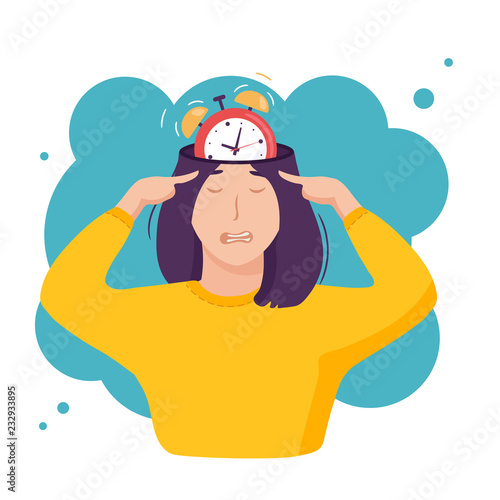 Inside woman’s head time management concept. Open mind with alarm clock inside. Stress of deadline and being late. Vector illustration isolated on white