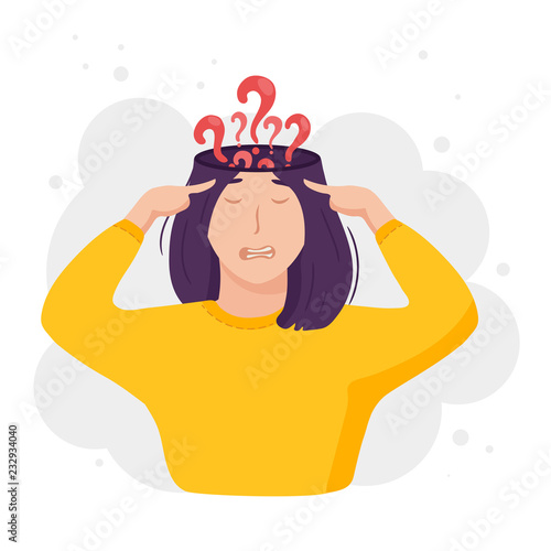 Inside woman’s head concept. Girl overwhelmed with questions. Open mind with question marks burst outside. Vector illustration isolated on white