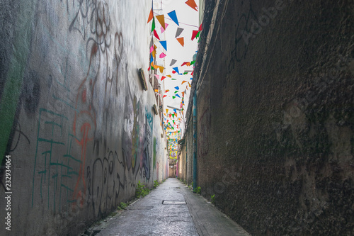 A narrow alley and Colorful flag. © Maxplane