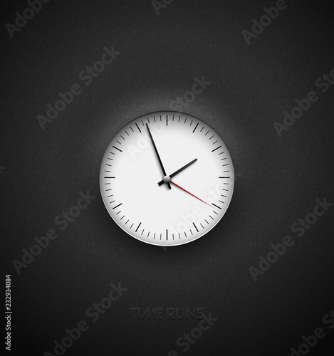 Realistic bright white round clock cut out on textured plastic dark background. Black simple classic round scale. Vector icon design or ui screen interface element.