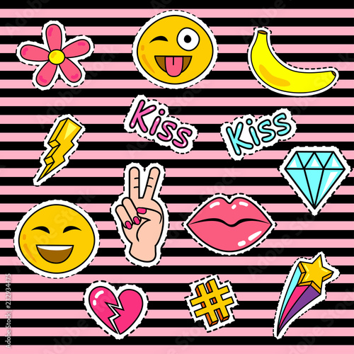 Fashion patch badges with lips, smile, banana, hashtag, diamond, kiss, lightning, flower patch, hand, peace, stars and other. Very large set of girlish and boyish stickers, patches in cartoon isolated