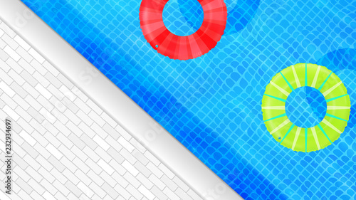 Swimming pool top view. Water background. Swim rings. Trendy. Inflatable rubber toy. Realistic summertime illustration. Summer vacation. Trip. Resort. Hotel. Top view swimming circles.