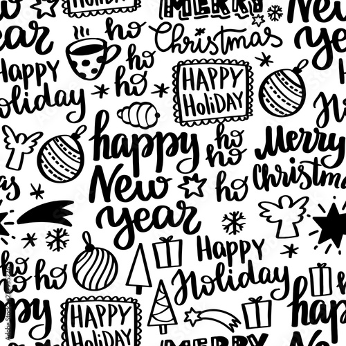 Seamless pattern of happy New Year and Merry Christmas lettering with holidays decor for print.