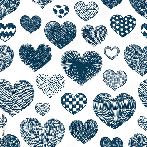 Hearts doodles pattern. Valentines day background. Romantic texture. Hand drawn effect vector. Wedding and marriage doodles. Love theme sketches. Hearts scribbles.