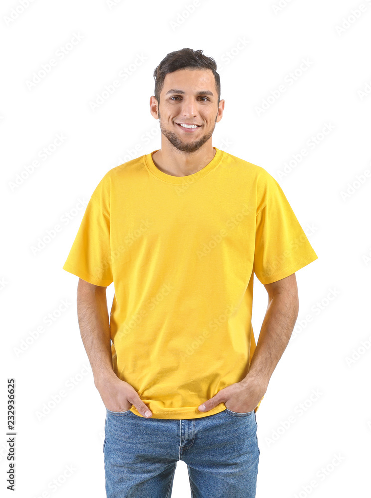 Fototapeta premium Young man in stylish t-shirt on white background