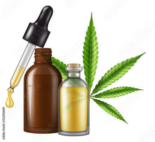 Medical cannabis ( marijuana ) oil in a glass bottle with marijuana leaf and dropper. Vector illustration.