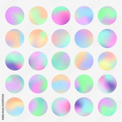 Holographic round frames set. Trendy backdrops for logos, signs or letering. Hologram bubbles. Pastel smooth textures. Modern vector backgrounds for web design or printed products.
