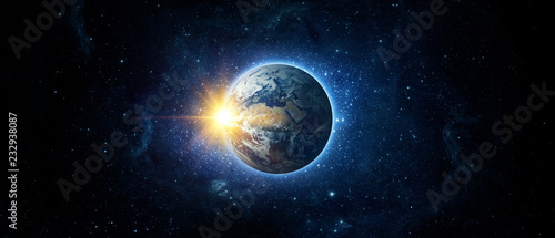 Panoramic view of the Earth, sun, star and galaxy. Sunrise over planet Earth, view from space. Elements of this image furnished by NASA © Tryfonov
