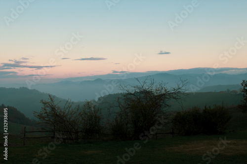 beautiful view of the Appennino mountains; italina landscape ina foggy morning