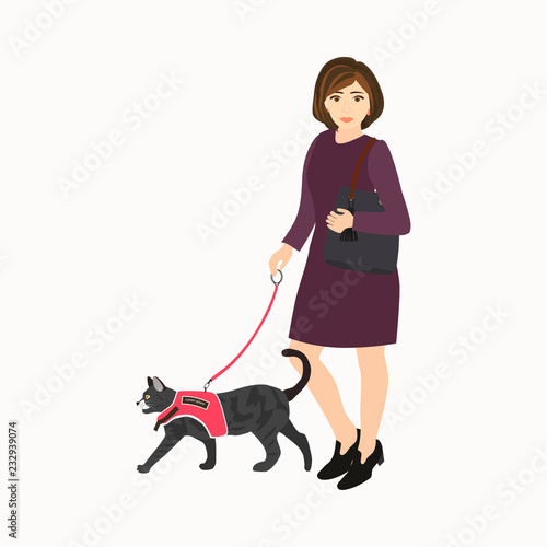 Woman walking and her cat with pet leash, flat icon. Vector illustration. Pet owner and her kitten flat style design element, icon isolated on white background.