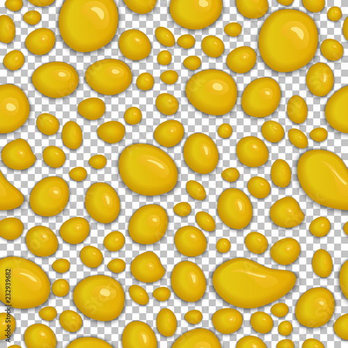 Yellow drops of slime isolated on transparent background. Realistic golden honey bubbles of different shapes. Seamless pattern with shiny and glossy drops. Popular kids relax toy vector illustration.