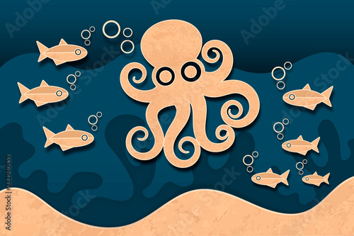 paper octopus and paper fish in the blue ocean. Paper art marine style illustration