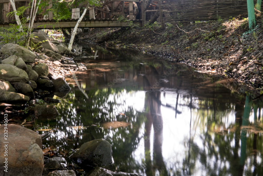 Small water pond in a forest with reflection of trees. Small water pond in a forest with reflection of trees.
