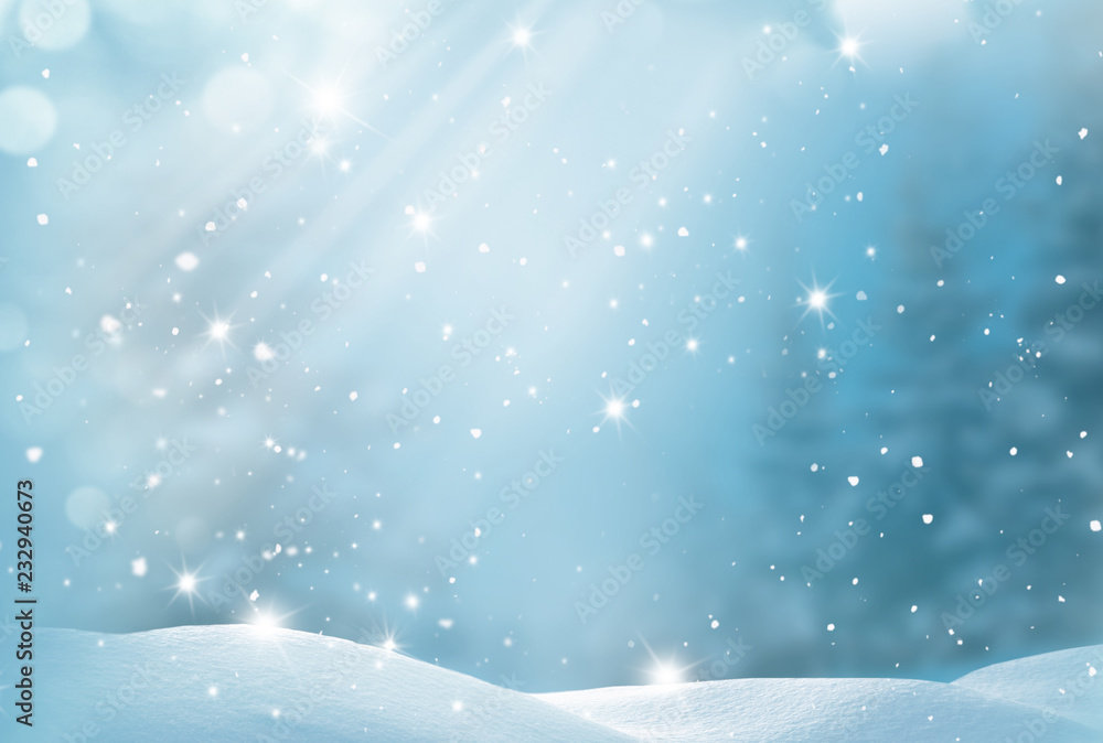 Fototapeta Zimowe tło. Wesołych Świąt i szczęśliwego nowego roku kartkę z życzeniami z miejsca kopiowania. Świąteczny krajobraz ze śniegiem i jodłą