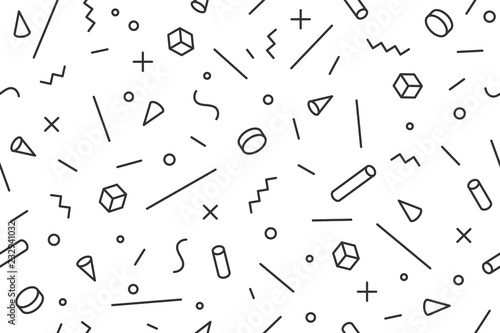 Geometric memphis pattern. Seamless graphic pattern 80s-90s trendy styles, black background. Black white pattern with different shapes objects for wrapping paper, background. Vector illustration