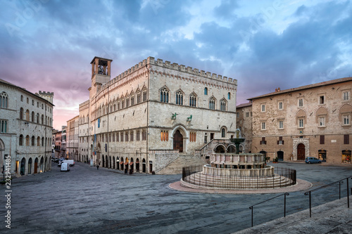 Perugia, Italy. Piazza IV Novembre on sunrise with Old Town Hall and monumental fountain Fontana Maggiore photo