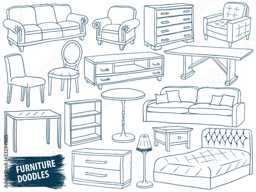 Furniture doodles set interior design home collection sketch outline