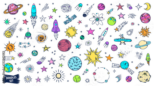 Space doodles set. Astronomy. Cosmic sketches. Zodiac. Planets. Moon and stars. Sun. Spaceship. Meteor. Comet. Alien. Asteroid. Constellation. Universe scribbles. Galaxy collection.