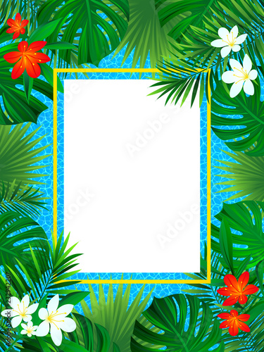 tropical flowers frame. Tropic poster vector illustration. background with exotic plant, palm leaf, swimming pool texture. Vertical border frame. beautiful card for summer, travel, invitate design.