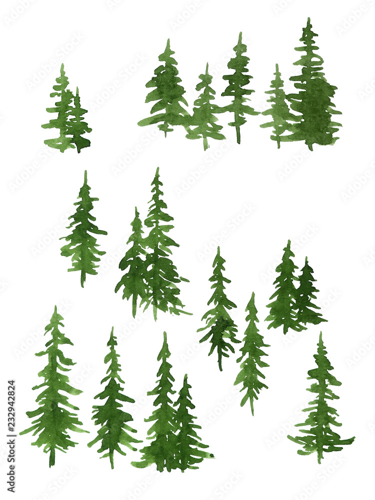 Watercolor green pine trees set for Christmas and New Year decoration