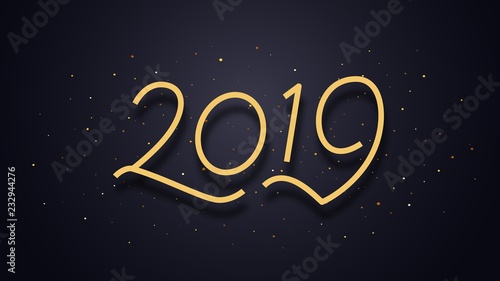 Happy New Year 2019 wishes typography text and gold confetti on luxury black background. Premium vector illustration with lettering for winter holidays