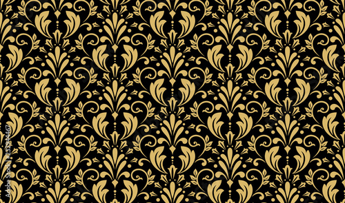 Wallpaper in the style of Baroque. Seamless vector background. Black and gold floral ornament. Graphic pattern for fabric, wallpaper, packaging. Ornate Damask flower ornament