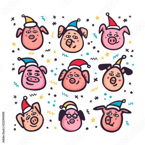 Santa Pigs. Funny pigs with santa hats. 2019 Chinese New Year symbol. Doodle style characters for greeting cards, print, icon, sticker. Vector illustration.