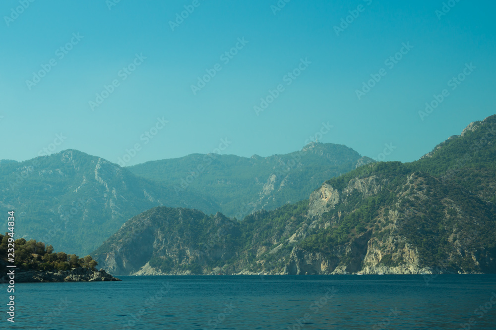 Mountain and sea. coastline with the forest and rock background
