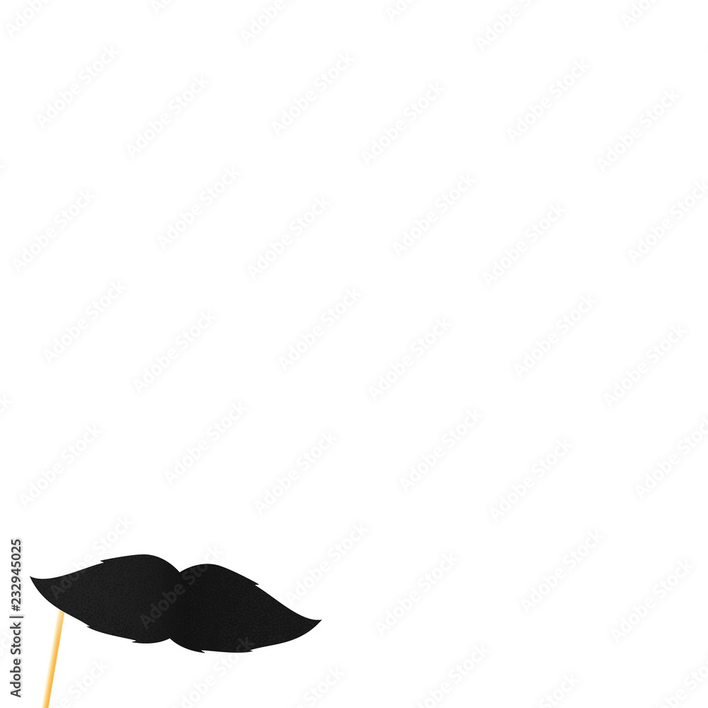 White background with fake black mustache on a stick. White background with fake black mustache on a stick.