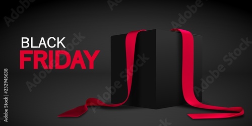 Black Friday banner. Realistic black box with red ribbon isolated on dark background. Vector