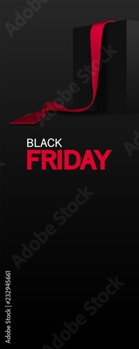 Black Friday banner. Realistic black box with red ribbon isolated on dark background. Vector