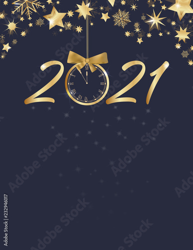 Happy New Year. Stars with big retro clock in golden colors.