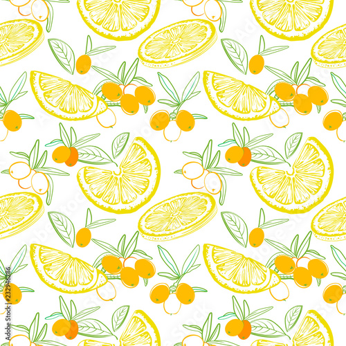Sea buckthorn branch and lemon seamless pattern. Hand drawn berry and fruit illustration. Sketch style. Elements for menu, greeting cards, wrapping paper, cosmetics packaging, posters etc