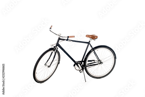 Fototapeta Naklejka Na Ścianę i Meble -  Black bicycle with wooden seat isolated on white
