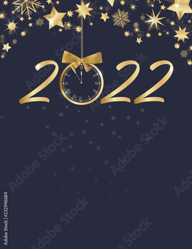 Happy New Year. Stars with big retro clock in golden colors.